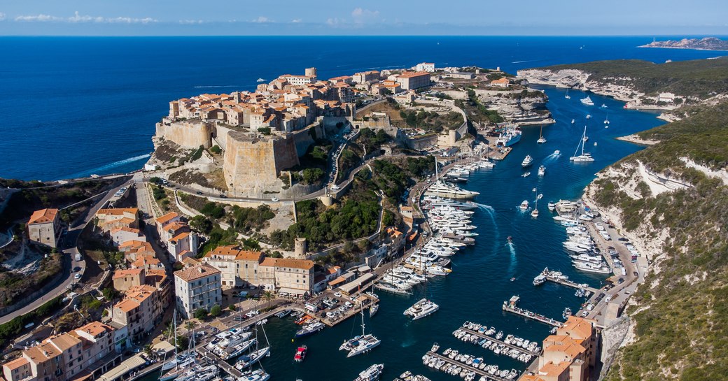 Superyachts moored in Bonifacio port in Corsica