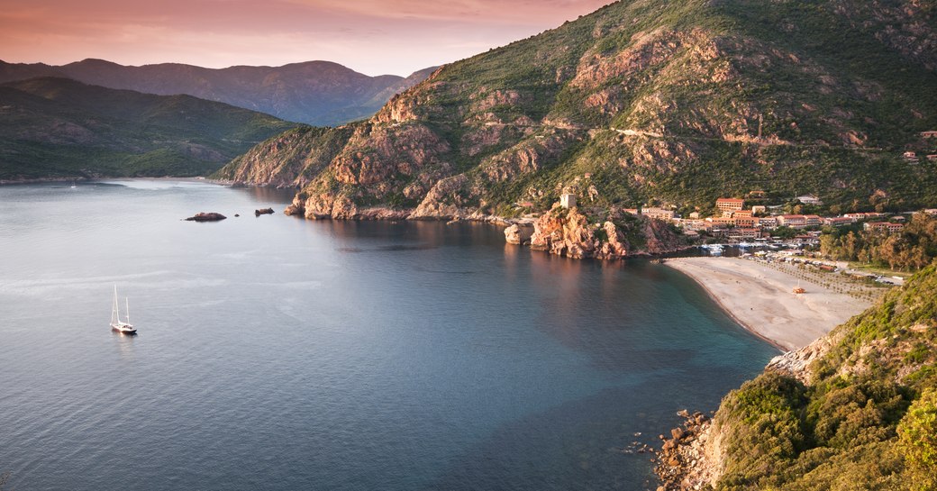 Beautiful sunset over Porto city, Corsica - France