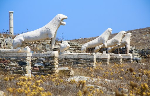 Delos ancient ruins on nearby island close to Mykonos, Greece